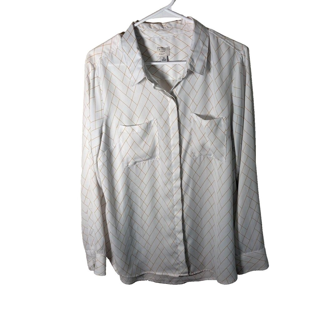 A New Day Shirt Women's XL Button Up Long Sleeve Sheer Collared Shirt Top